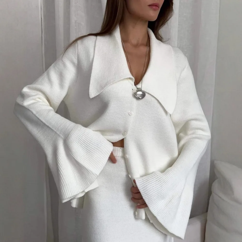 Elegant Sweater Knitted Skirt Suit Autumn and Winter Women Simple Solid Soft Thick Warm Office Casual Cardigan Sweater Skirt 2Ps