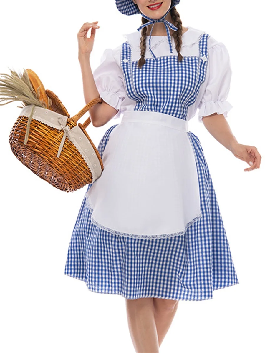 Women Halloween Fairytale Costume Plaid Print Short Sleeves Dress Aprons and Bonnets Hat Set for Cosplay Party Outfits