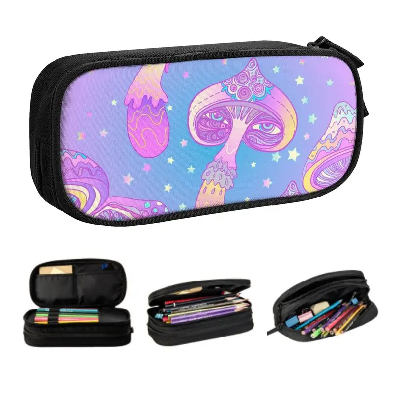Custom Psychedelic Magic Mushrooms Pattern Cute Pencil Cases Boys Gilrs Large Capacity Pencil Bag School Accessories