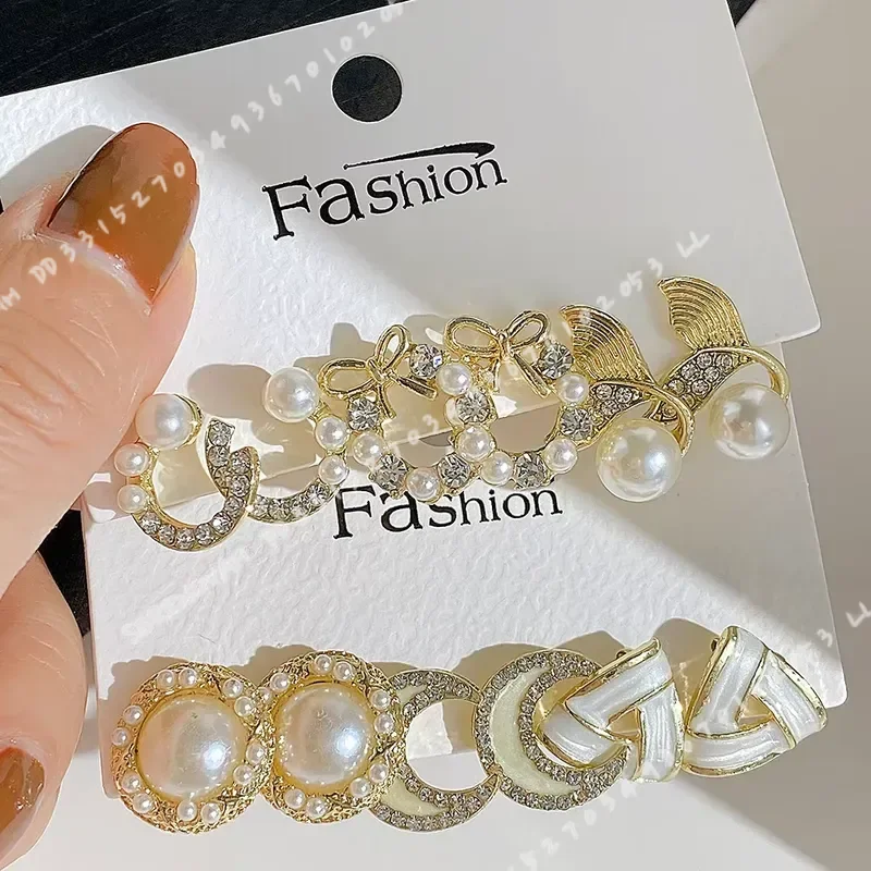 LATS Bow Fishtail Pearl Moon Earrings for Women Gold Color Crystal Earring Set Fashion Jewelry Accessories Gifts
