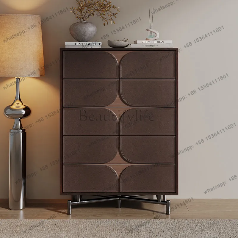 

Italian light luxury solid wood chest of drawers, high-end villa leather art decorative locker