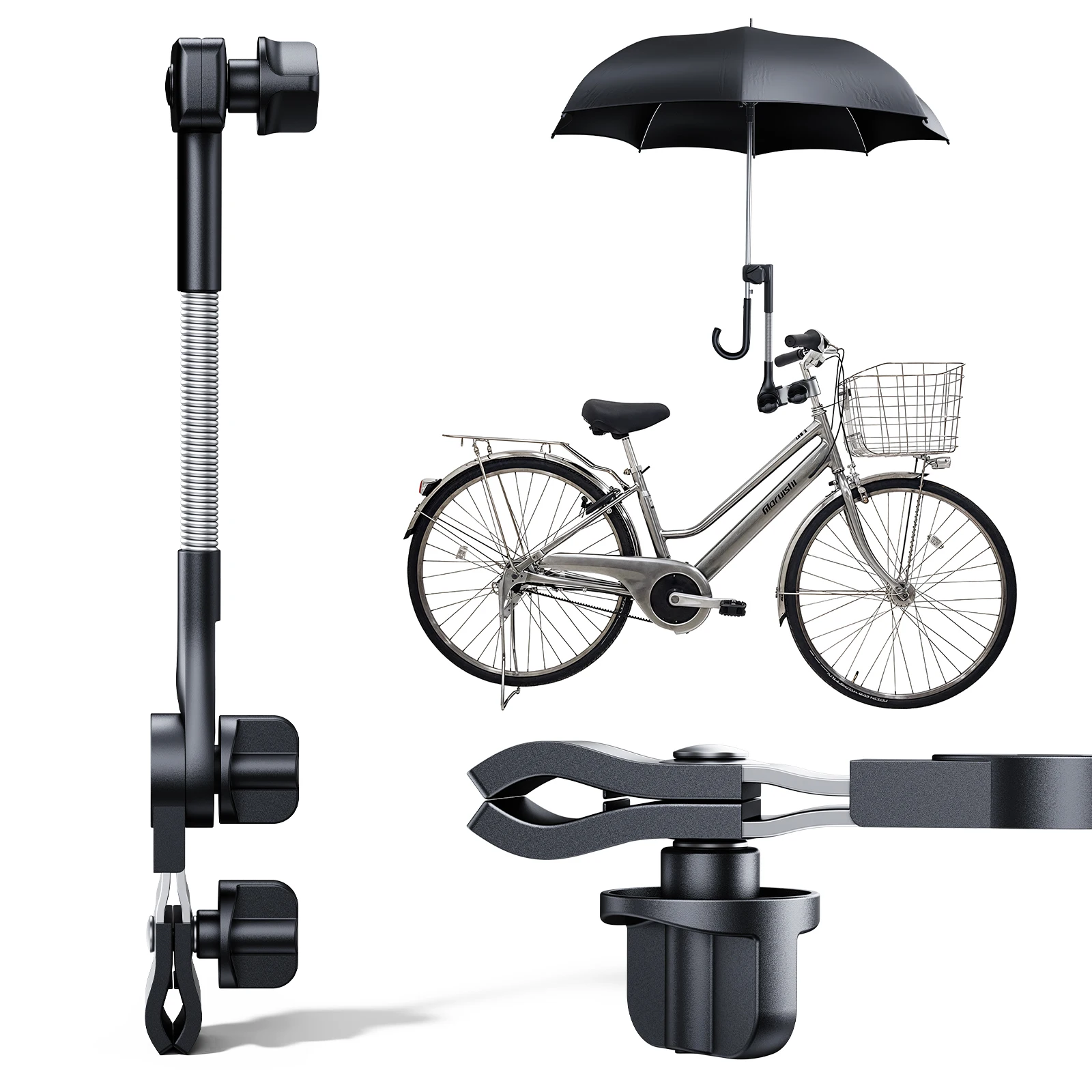 Oatsbasf Universeller Regenschirmhalter für Kinderwagen Fahrrad-Regenschirm-Verbindungsclip für Lenker 360° °   Verstellbare Klemme für Rollstuhl