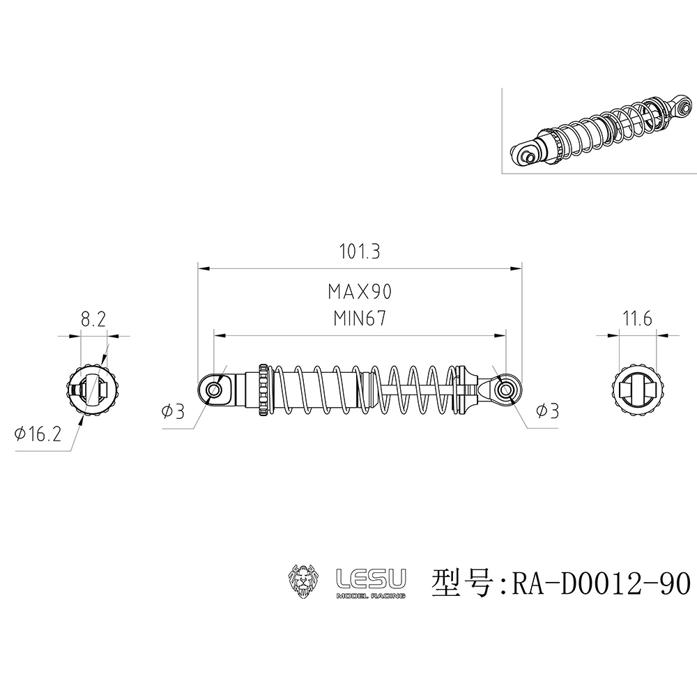 LESU RC Parts Metal Shock Absorber with Adjustable Spring 80mm/ 90mm for 1/10 Scale RC Crawler Car DIY Model Vehicle Toy TH22755