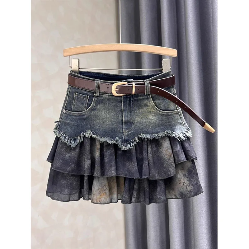 Spliced denim Skirt for Women New Age-reducing Versatile and Fashionable High-waisted Slimming A-line Short Skirt Trendy