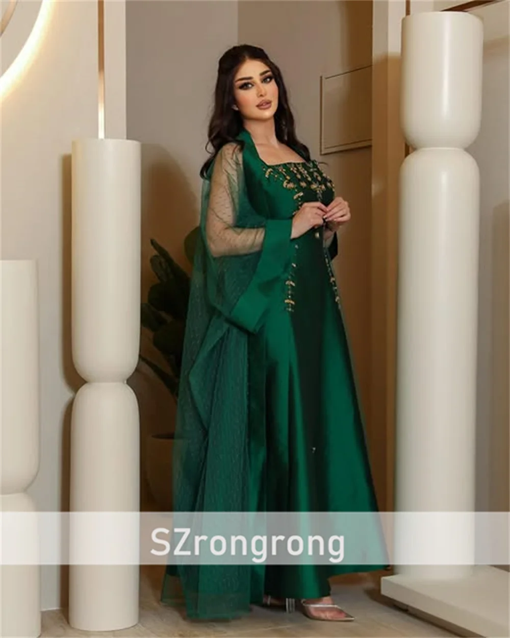 وعVestido de noche modesto con cuello barco y cuentas de satén para novia, largo hasta el suelo, vestido musulmán sin espalda, hecho a medida