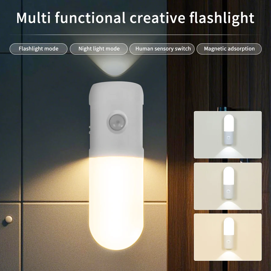 2 in 1 LED Night Light with Motion Sensor 3 Colors Dimmable Spotlights Rechargeable Magnetic Wall Lamp for Bedroom Hallway Stair