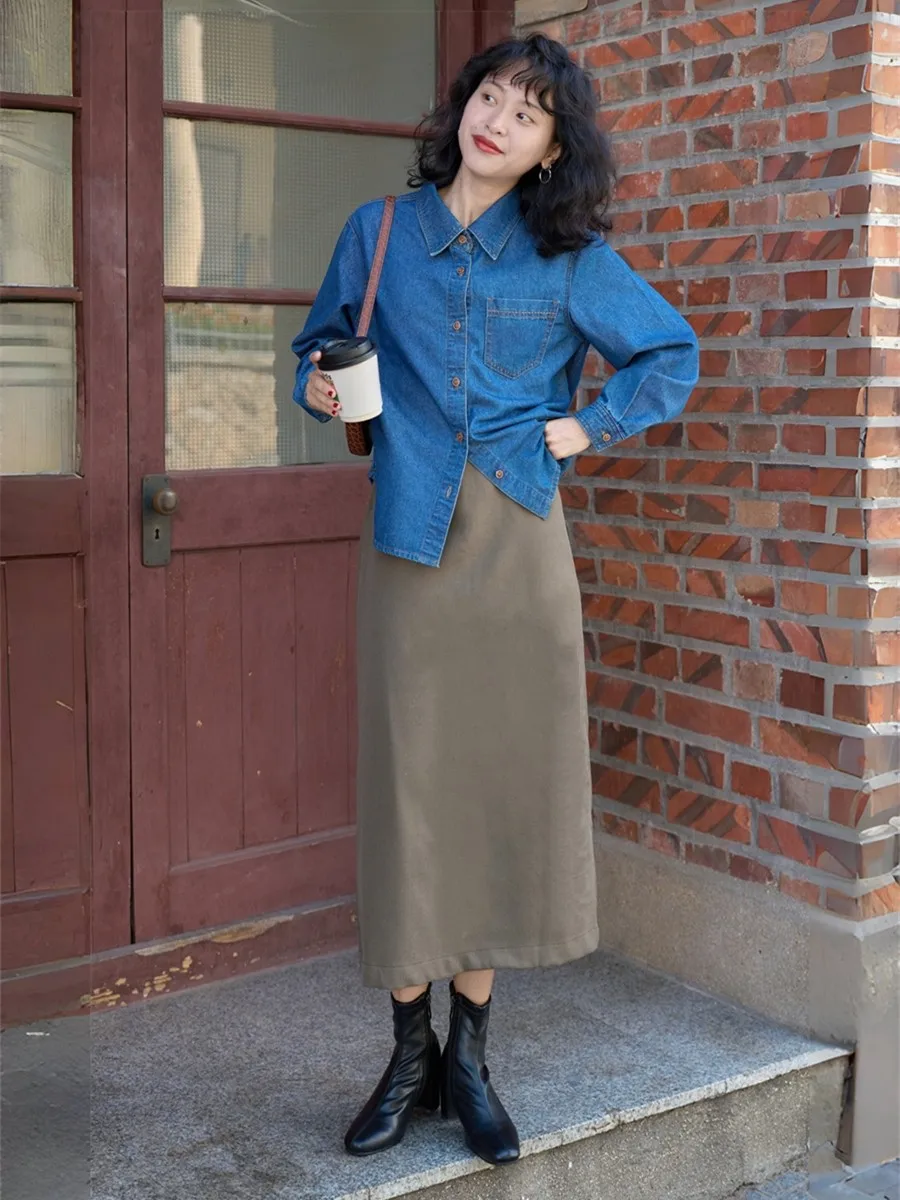 

High Waist A-Line Skirt Commute Tea Brown Suit Skirt Versatile Small Size 50 Commute Ci Polyester Fiber Zipper Sle
