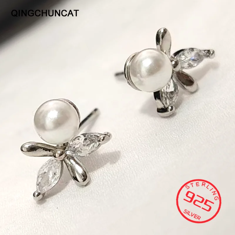 

Flower Studs New Trendy Crystal Cross Pearl Stud Earrings 2026 Solid 925 Sterling Silver Woman's Gift Jewelry