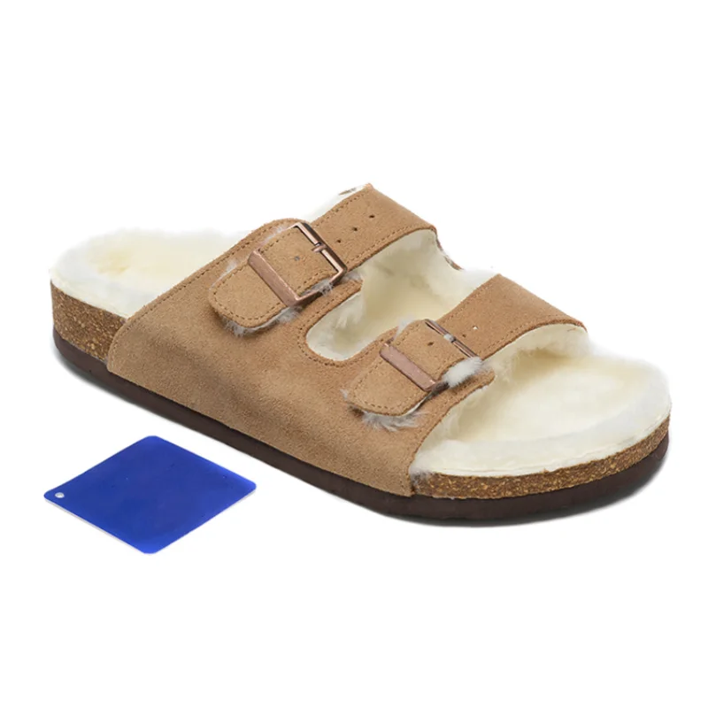 luxury designer brand arizona sandals men winter fluff slippers flat soft sole with buckles warm women slippers with shoebox