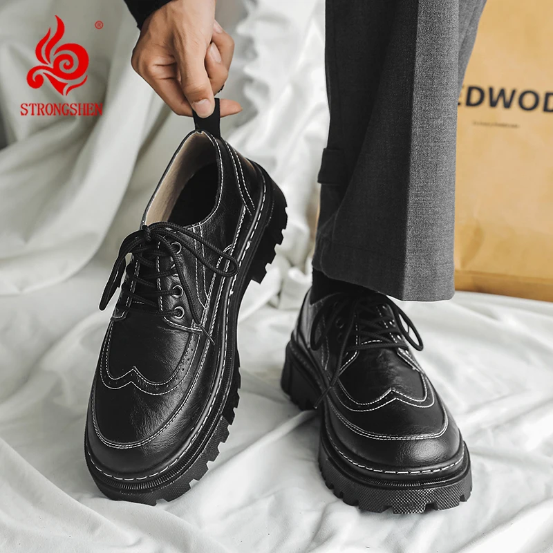 

STRONGSHEN Men Casual Leather Shoes Thick Soled Formal Shoes Fashion Handmade Brogue Business Shoes Oxford Zapatos Hombre