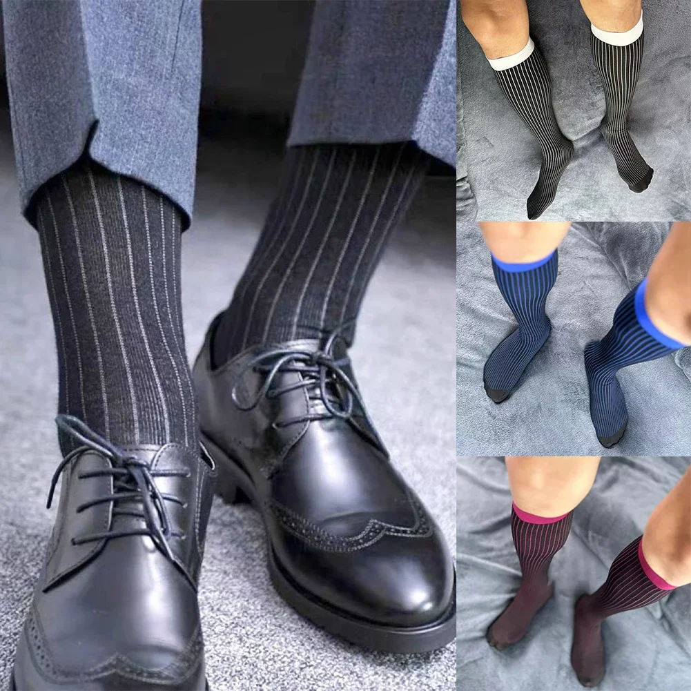 

Sexy Hosiery 1 Pairs Mens Ribbed Dress Socks Fashion Casual Striped Breathable Business Socks Gay Male Sexy Silk Socks