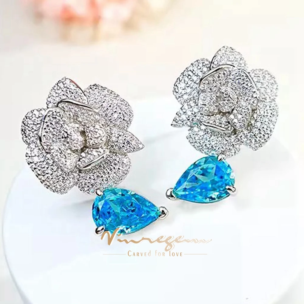 

Vinregem 7*10MM 3CT Pear Cut Aquamarine High Carbon Diamond Gems Sparkling Flower Ear Studs Earrings 925 Sterling Silver Jewelry