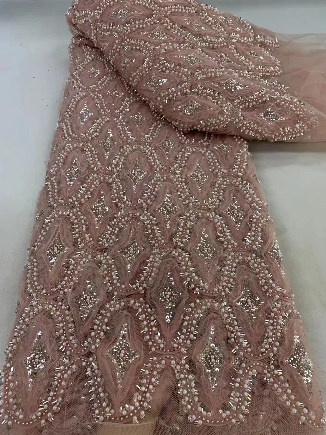 African Sequins Lace Fabric 2024 High Quality Handmade Beaded Lace Material  Nigerian French Net Lace Fabric For Wedding