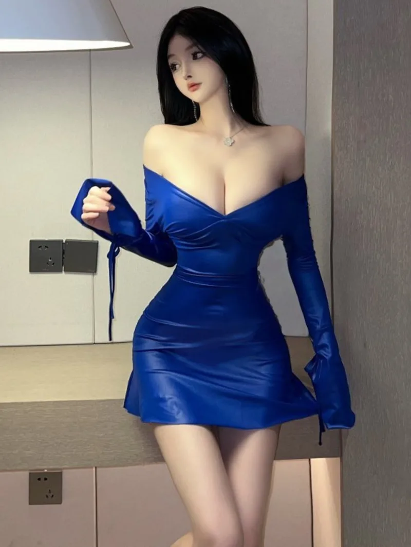 

WOMENGAGA Sexy Spicy Girl V-neck Small Waist Long Sleeve Off Shoulder Dress Elegant Blue Fashion Sexy Korean Women Top 3OW8