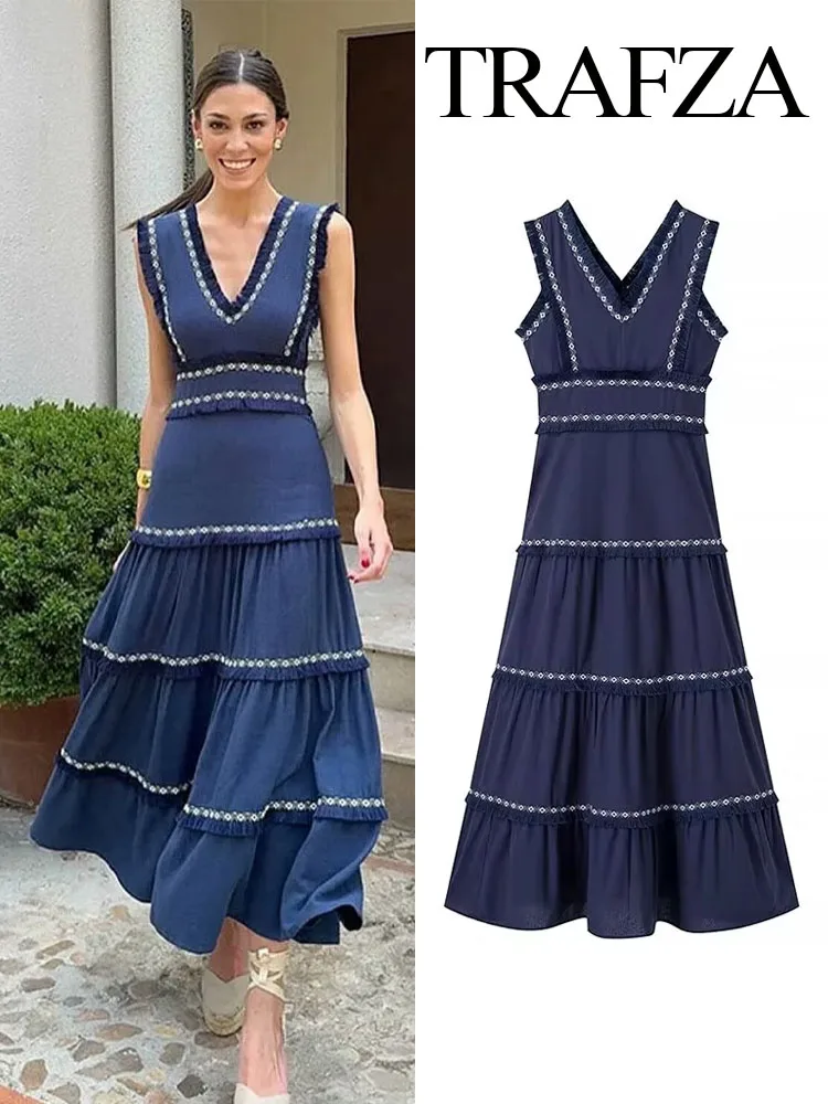 TRAFZA Summer Fashion Women Dresses V-Neck Sleeveless Back Zipper Lace Decorative Tassels Woman High Street Vestidos Dress Mujer