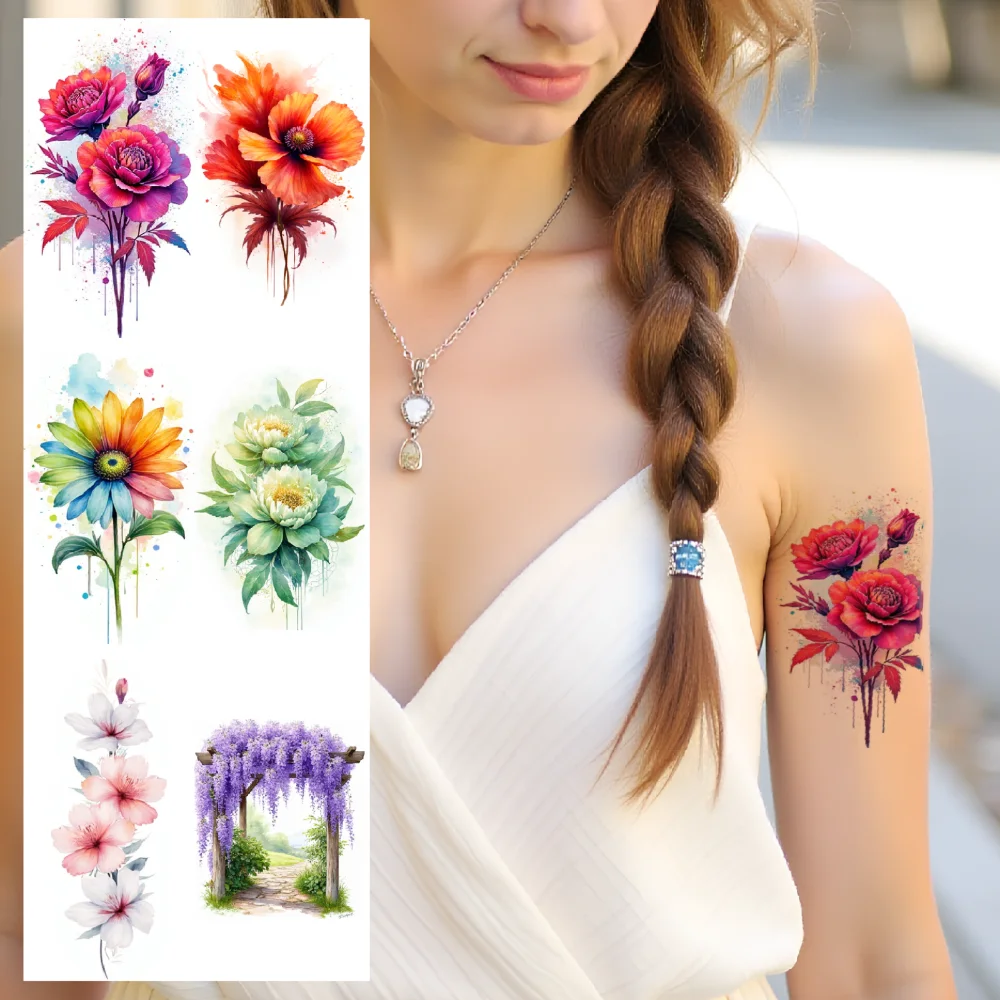 

9pcs Temporary Tattoo Purple Flowers Waterproof Long-lasting Body Stickers Tattoo Design Orange Flowers For Ladies Chest Girls