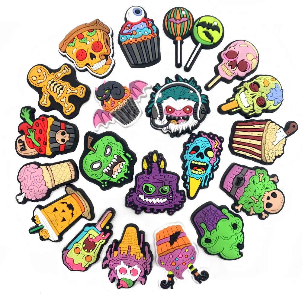 Spooky Halloween Snack Shoe Charms Soft PVC Removable Clog Decor Horror Skull Ice Cream Cupcake DIY Sandal Footwear Ornaments ﻿