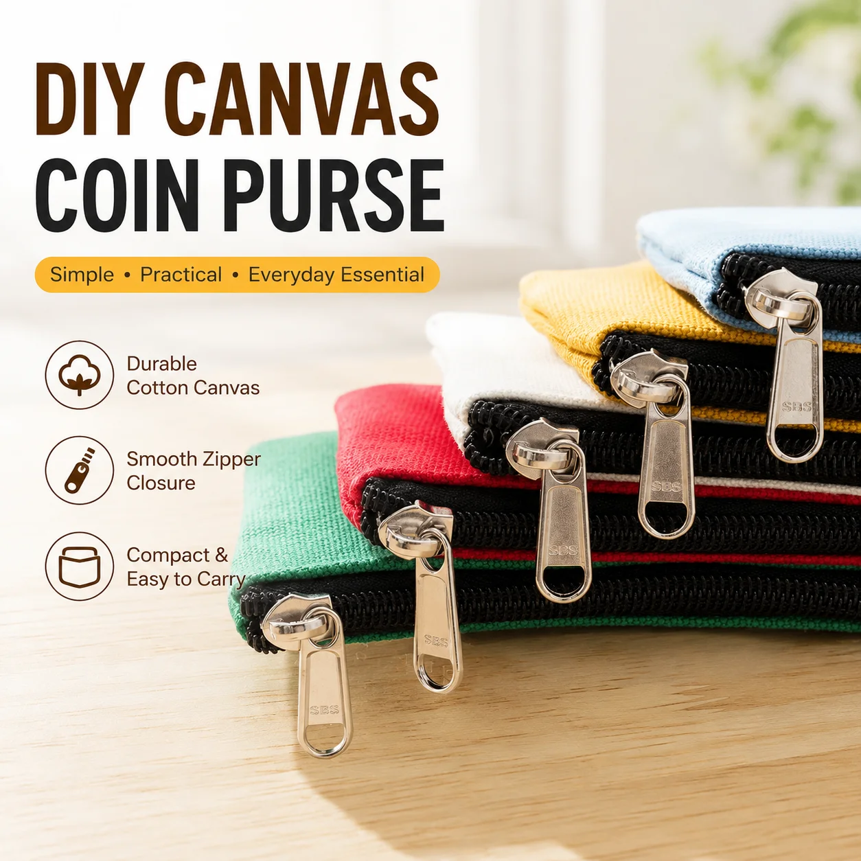 DIY Plain Canvas Cotton Zipper Coin Purse Small Handheld Wallet Key Money Pouch for Men Women Kids