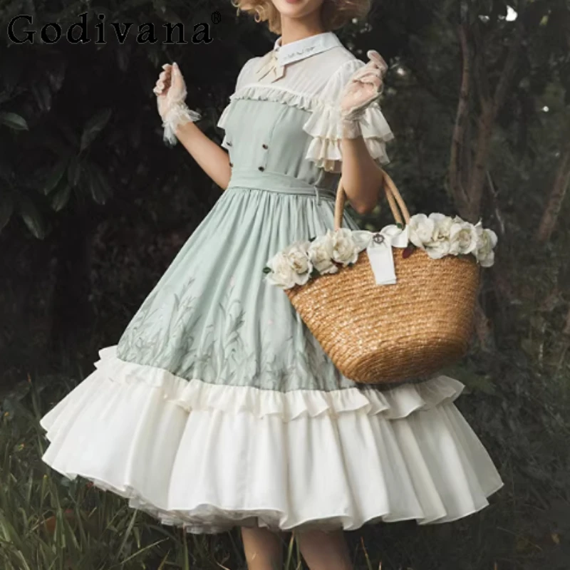 

New Spring Summer Women Elegant Chic Temperament Lolita Long Dress Fashion High Waist A-line Age-reducing Green Princess Dresses