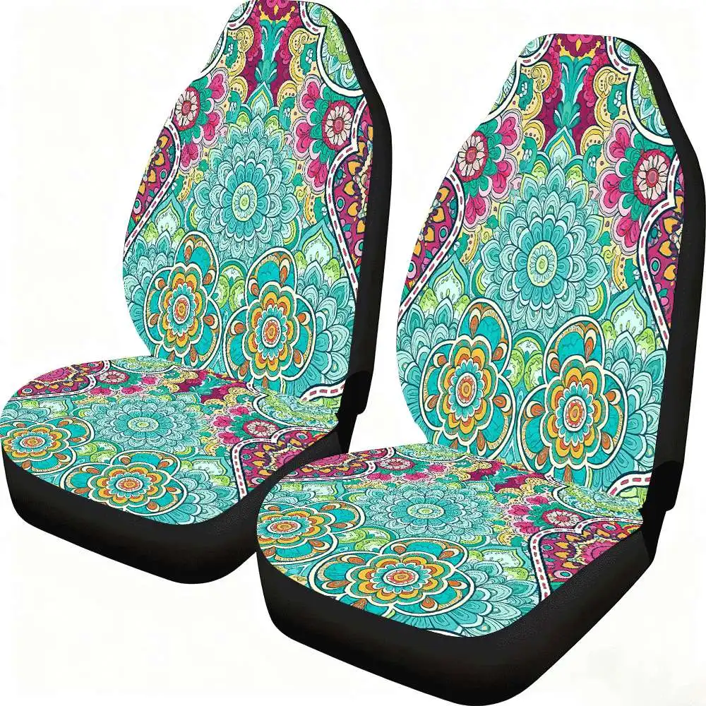 2pcs Bohemian Floral Mandala Car Seat Covers - Vibrant Turquoise, Pink, Yellow, Green, Orange, Purple, Brown, Teal, Golden