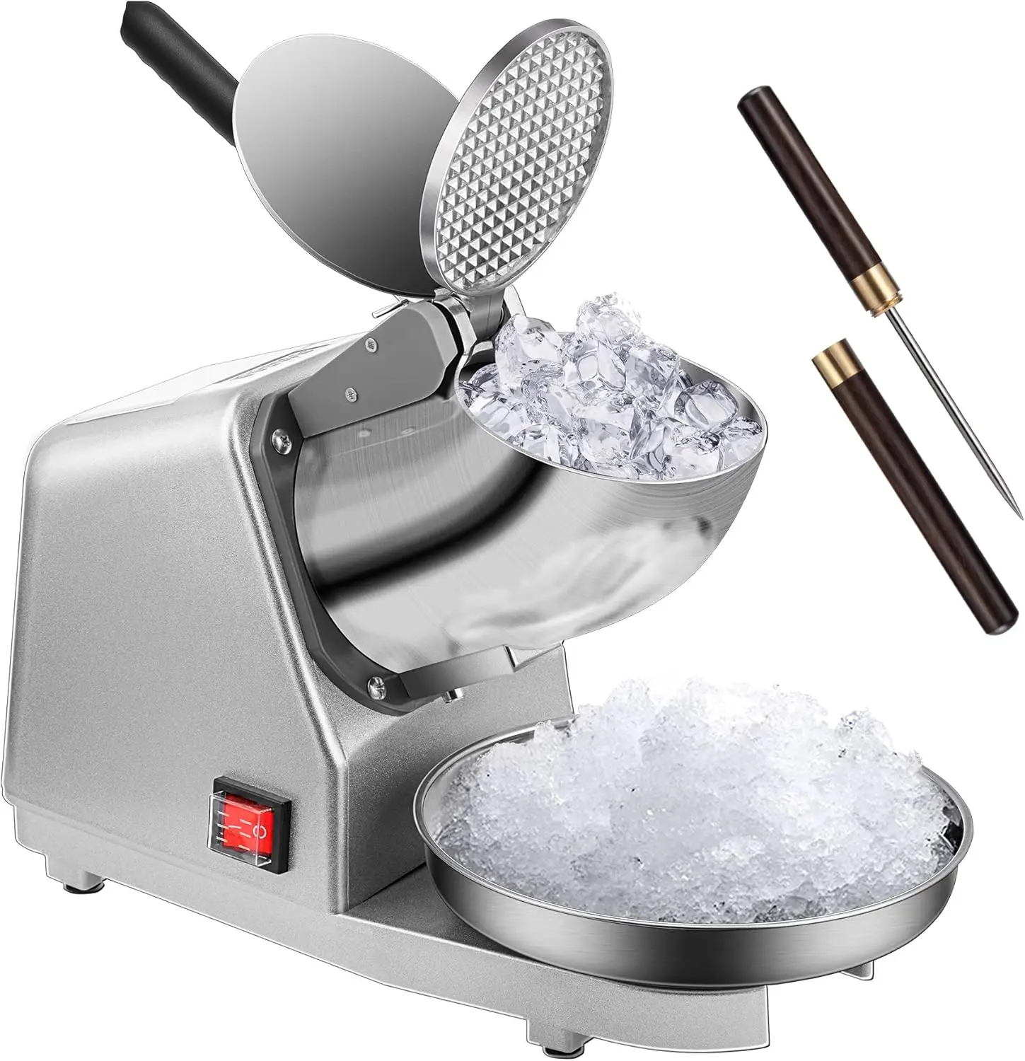 

Electric Ice Crusher Shaver Dual Blades Snow Cone Maker Machine Silver 173lbs/hr with Ice Pick for Home and Commercial