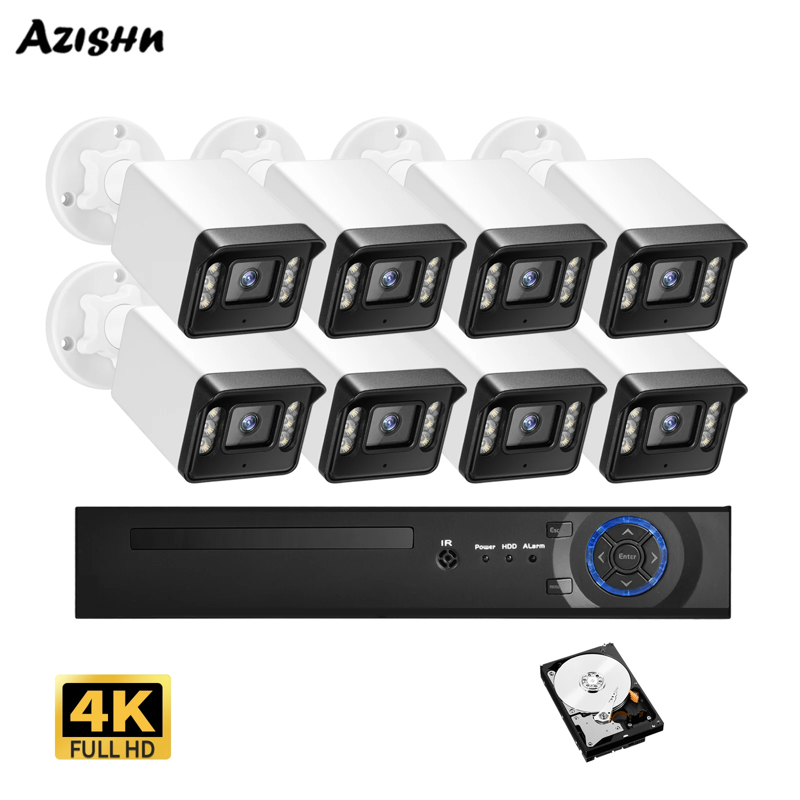 

AZISHN Outdoor color night vision infrared 4K 8MP POE NVR two-way audio video monitoring kit