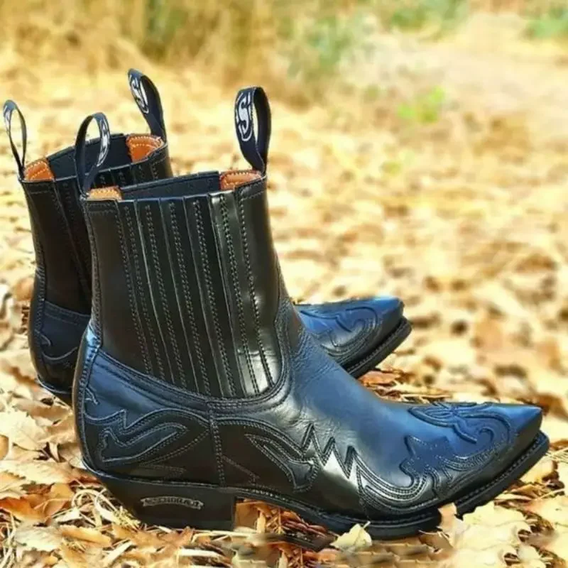 Western Cowboy Burnt Flower Men's Boots Black Brown Handmade Chelsea Boots for Men  Size 38-48