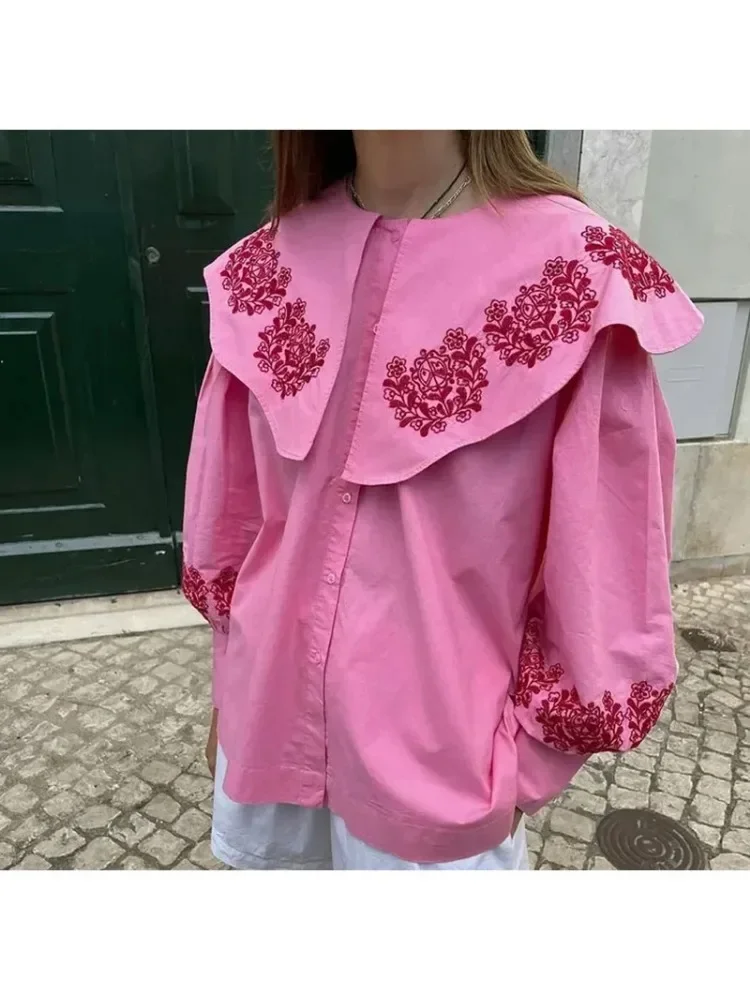 Women Casual Loose Fashion Print Doll Collar Shirts Single-breasted Long Lantern Sleeve Blouses 2024 Spring Summer Female Tops