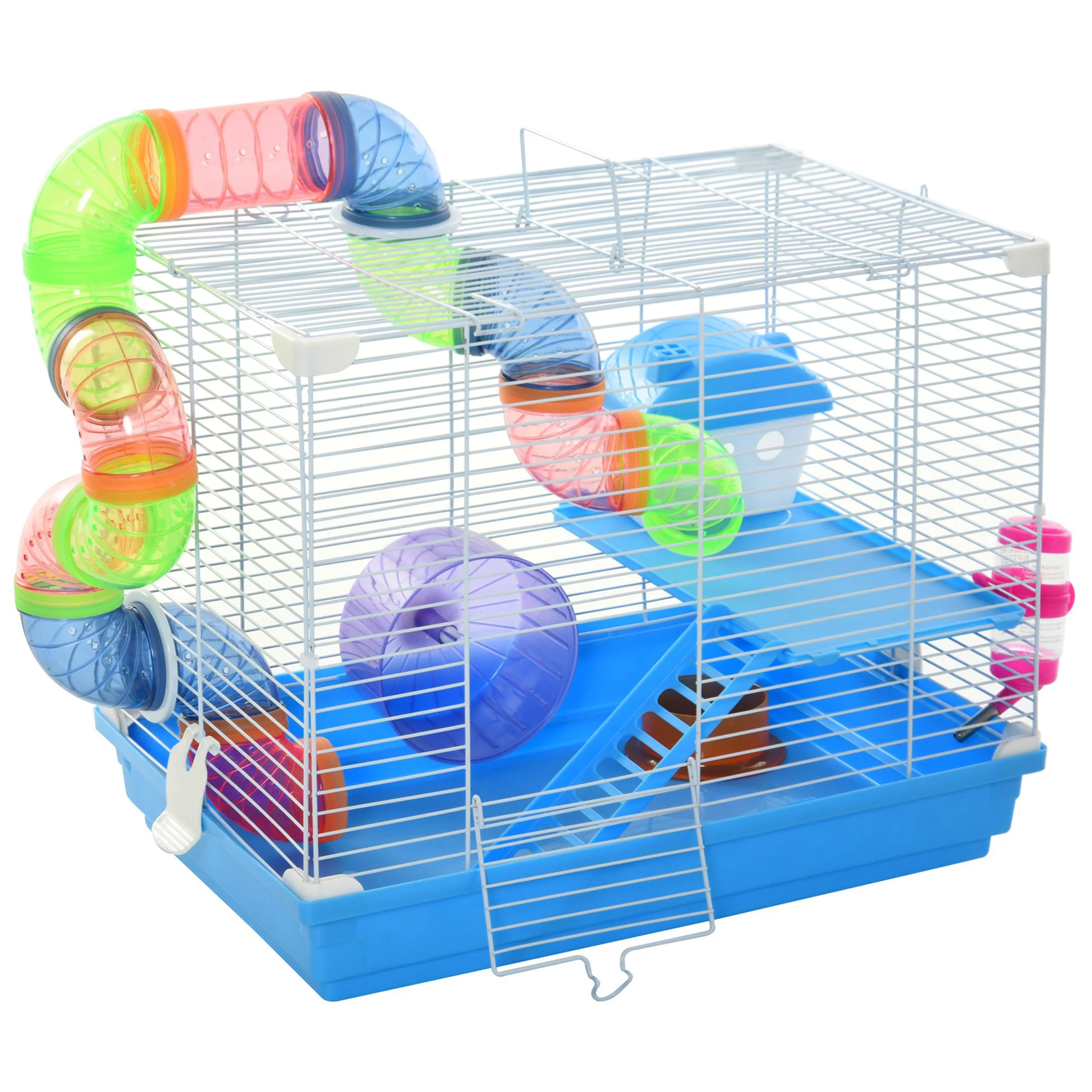 Pawhut 2 Tier Hamster Cage, Gerbil Cage with Exercise Wheels, Tunnel, Tube, Water Bottle, Dishes, Ladder, for Dwarf, Blue