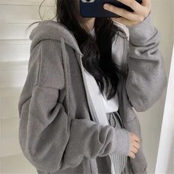 Lucyever Gray Zip Up Hoodie Coat Women Streetwear Harajuku Oversized Hood Jacket Female Autumn Retro Solid Color Sweatshirts