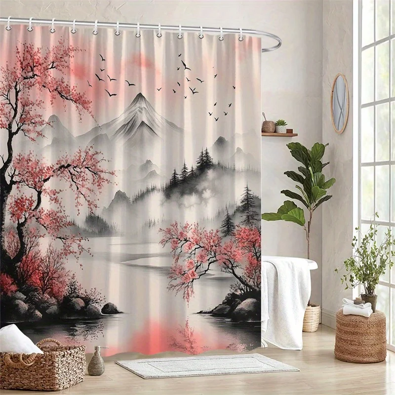 

1pc East Asian Style Cherry Blossoms Snow Mountain Misty Landscape Shower Curtain - Serene Traditional Digital Painting Art, Pol