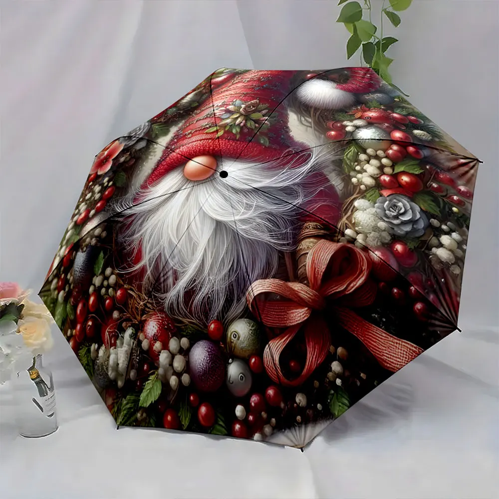 1PC Christmas Gnome Design Umbrella with Festive Accents Print 8 Iron Ribs Folding Umbrella Auto-Open Fashion Sunshade