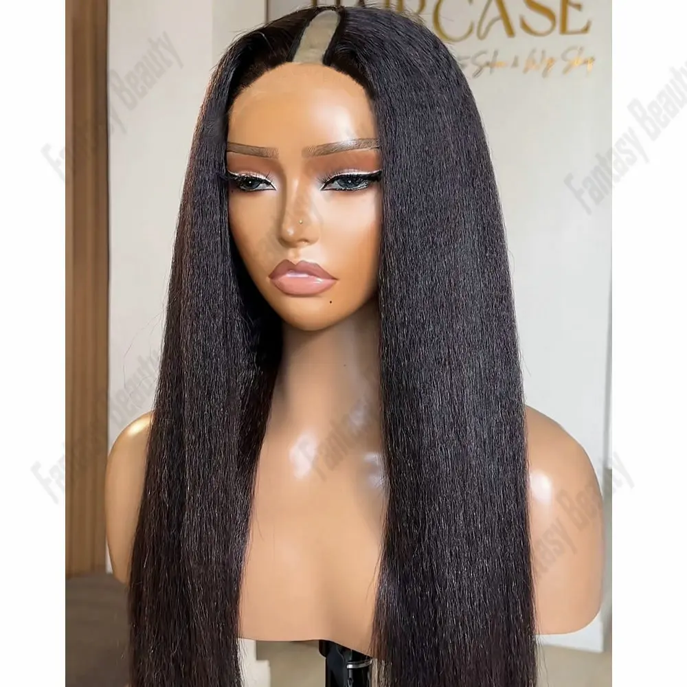 

Yaky Straight Virgin Human Hair Afro Black Women U Part Wigs with Clips Full Machine Made Glueless1X4Size U Part Wigs Adjustable