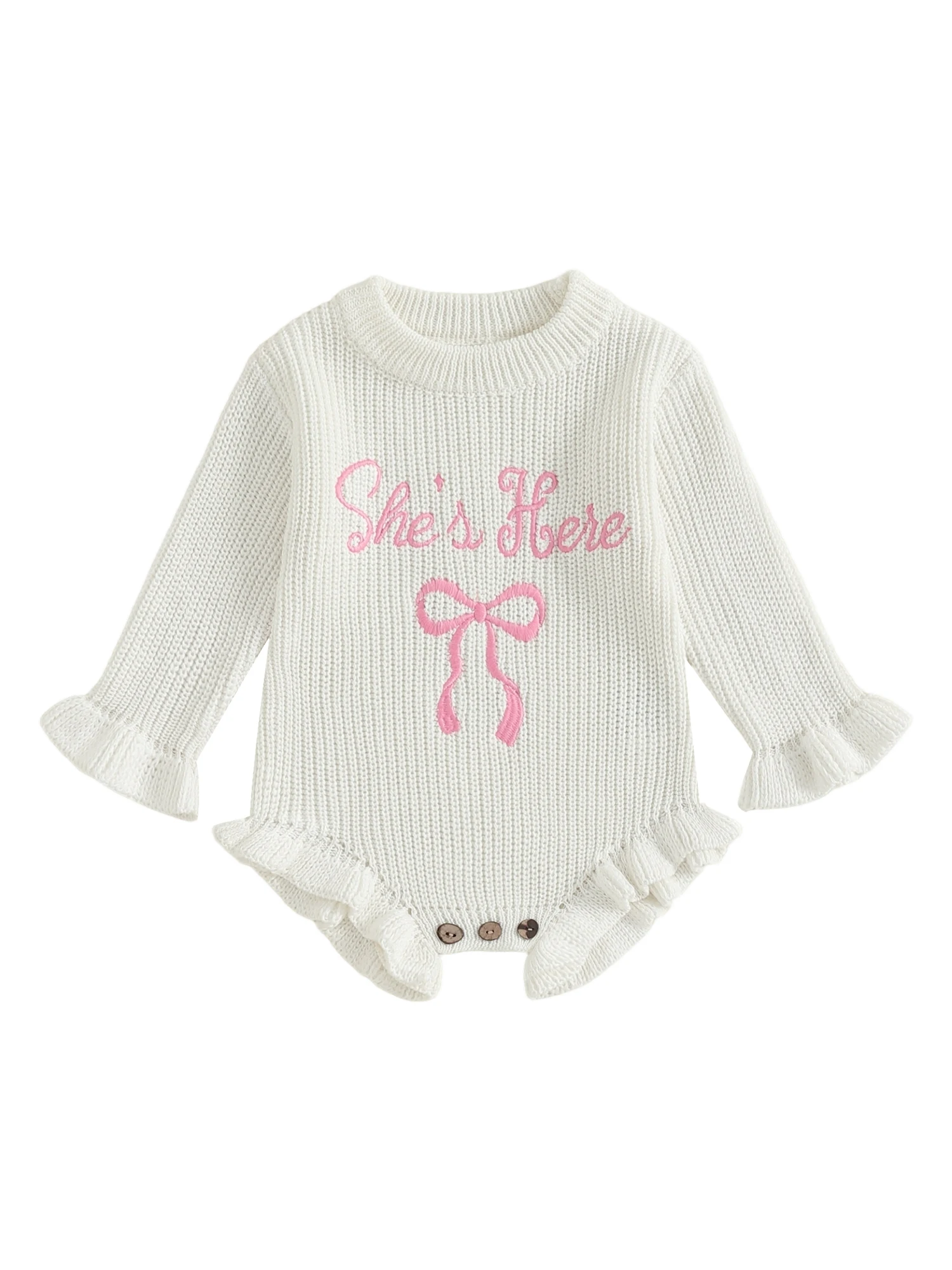 

Infant Girls Knitted Jumpsuit Embroidered Bow Detail Long Sleeve Sweater Bodysuit with Crew Neck for Everyday Wear