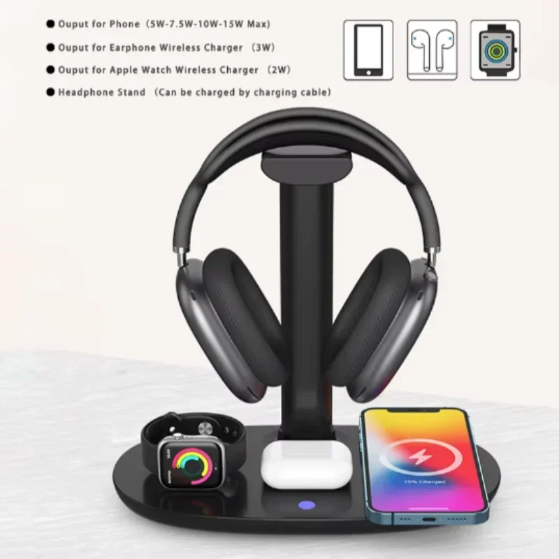 Headphone Stand Ps5 Headphone Holder 4 in 1 Suporte Headset Station Dock with 15W Wireless Charger for Ios Watch AirPods Max/Pro