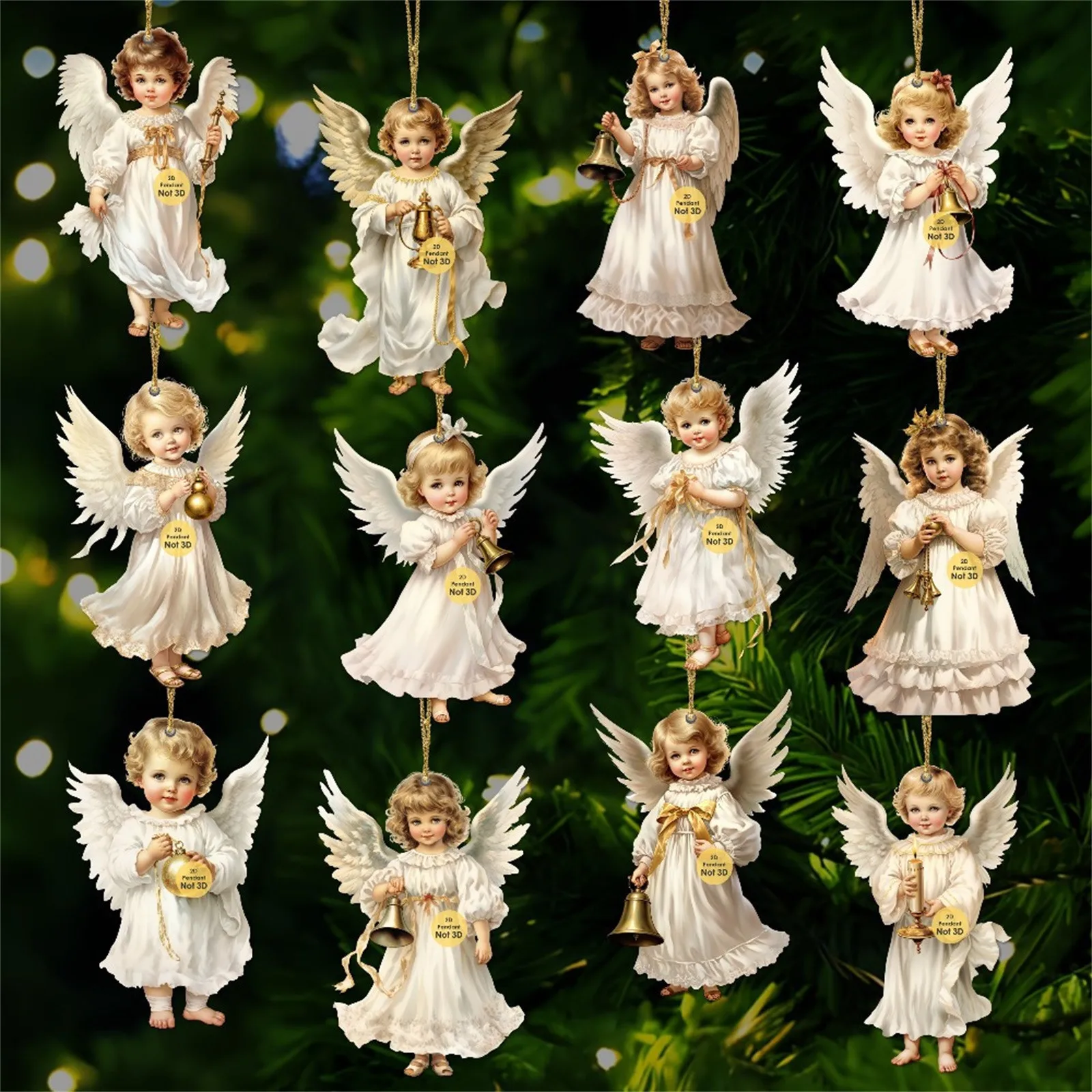 Christmas Ornament 2D 12Pcs Vintage Victorian Angel Wooden Set Traditional Festival Home Window Tree Hanger Festive Decor