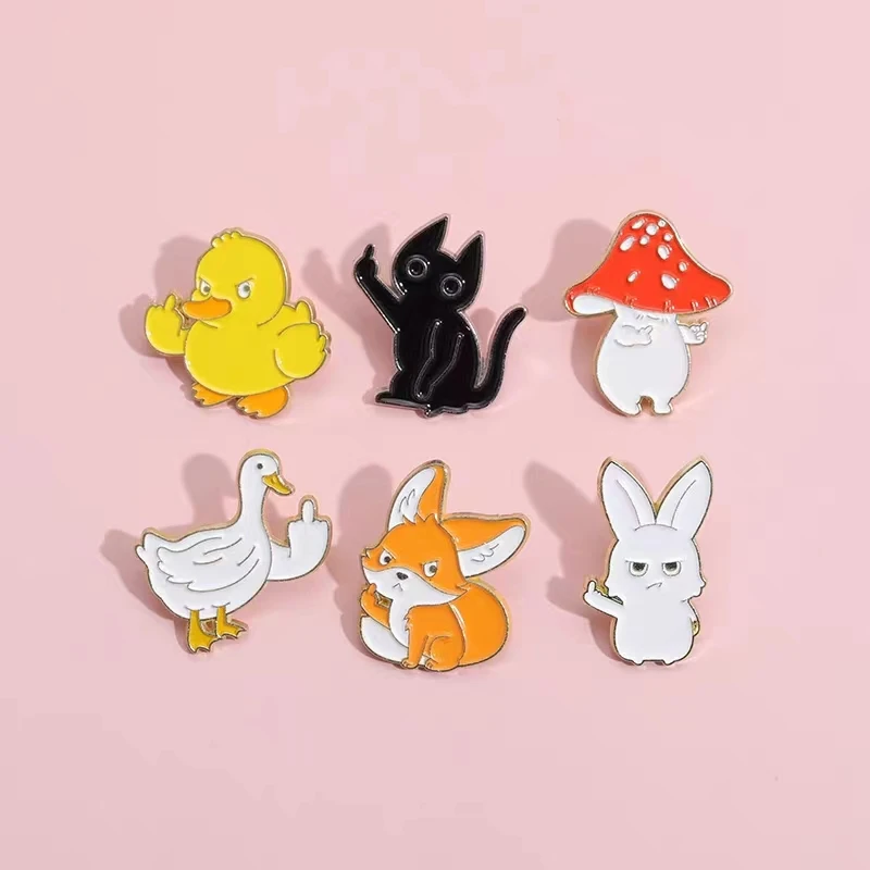 Sarcastic Enamel Pins Custom Animal Rude Finger Brooch Lapel Badges Backpack Cartoon Fox Rabbit Duck Cat Jewelry Gifts Wholesale