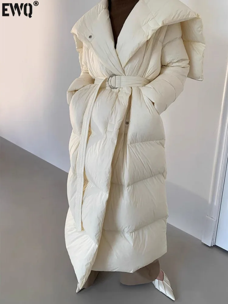 [EWQ] Keep Warm Lady Cotton-padded Coat Big Lapel Bandage Design Women Winter Casual Thick Long Overcoat 2024 New Jacket 16O3201