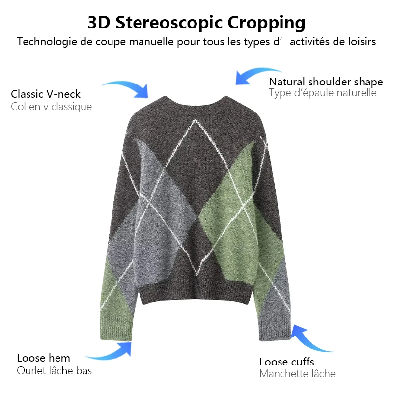 เสื้อสเวตเตอร์ถักลายควิลท์สีสันตัดกันสำหรับผู้หญิง คอกลม แขนยาว แต่งเส้นสีขาว เหมาะสำหรับใส่ทำงานหรือใส่ในชีวิตประจำวัน เสื้อผ้าผู้หญิง