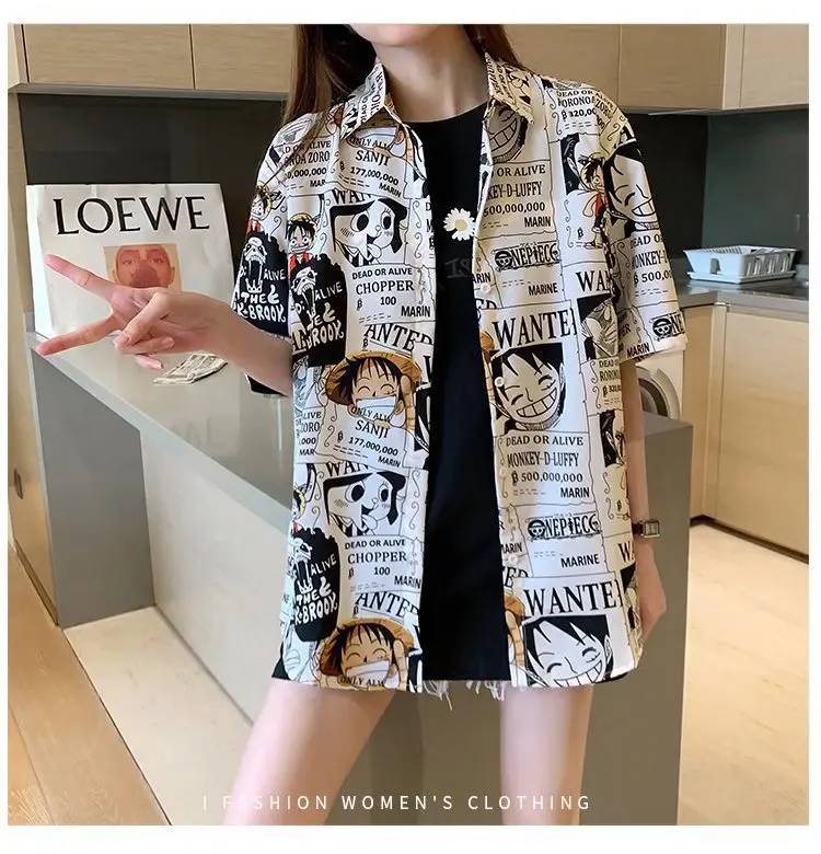 Summer Chiffon Shirt Loose and Thin Style Luffy Printed  Outside to Wear women\'s Short-sleeved Blouse