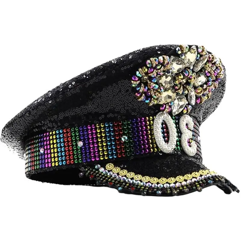 652F Colorful Hat for Bride Cosplay Cap Blingbling Sequins Hat Stage Performances Props MilitaryHat
