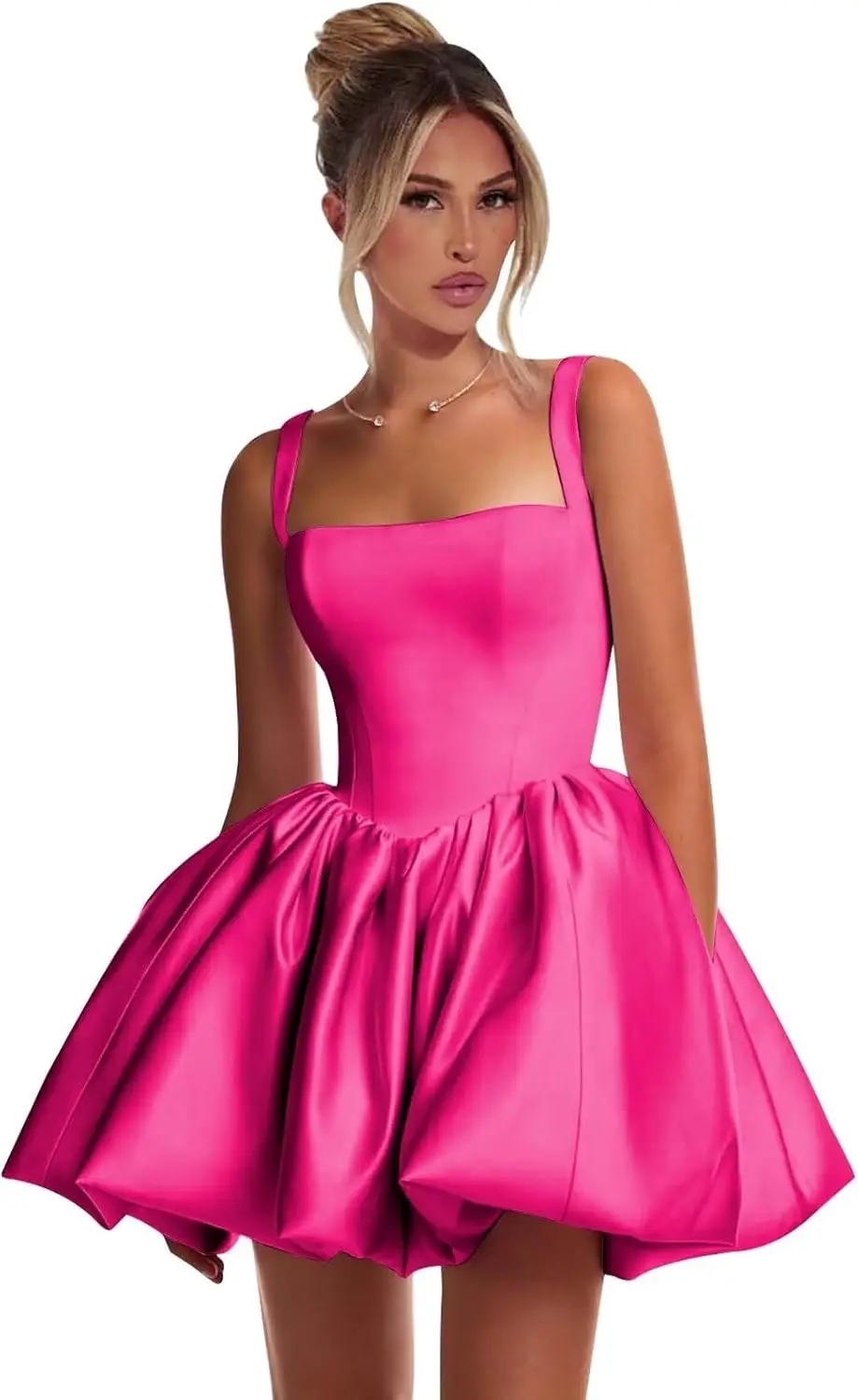 

Youth Short Satin Back To School Dress2025 Square Neck Fluffy Ball Dress,Birthday Cocktail Party A-line Slimming Club Mini Skirt