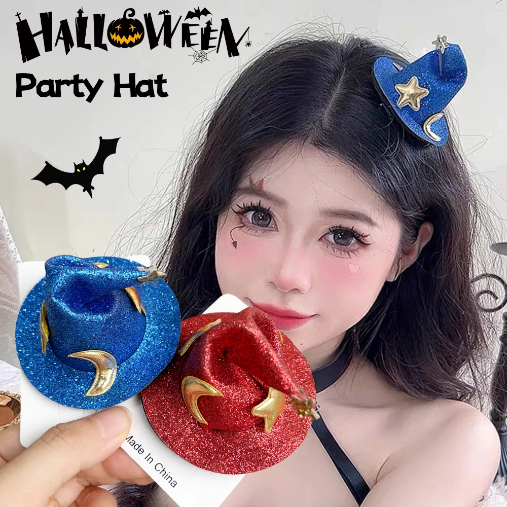 Halloween Witch Hat Hair Clip Mini Star Moon Witch Cap Hairpins Headdress Women Party Costume Ornaments Headwear Party Supplies