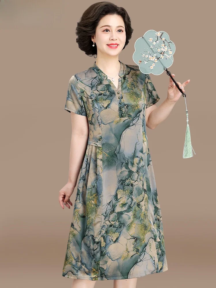 

Ele Summer Dr Mommy Sle ort Sve Midi Long Dr for Middle-Aged And ly Women Faionable Loose Fit V-Ne