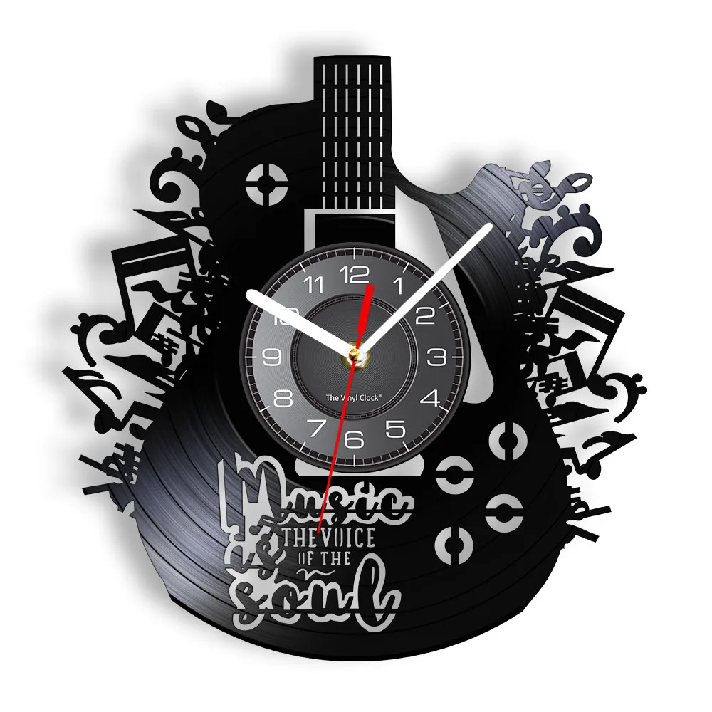 Music Is The Voice In The Soul Musical Quote Wall Clock Guitar Vinyl Record Wall Clock Music Meditations Decorative Clock Watch