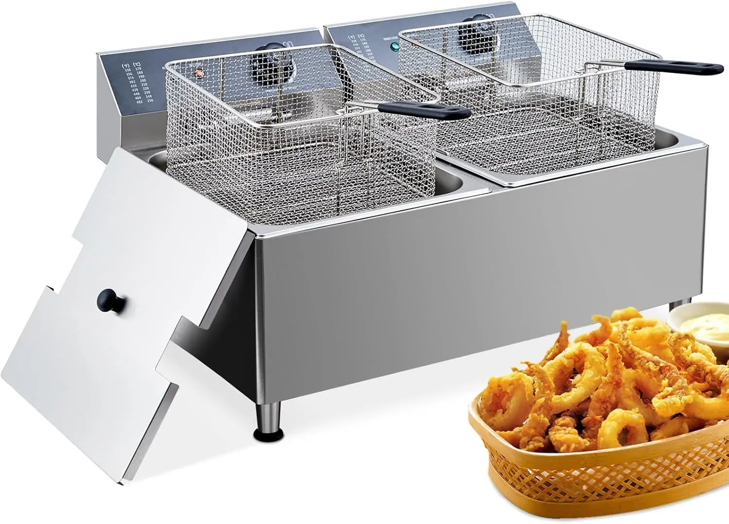 23.2 QT/22 L Commercial-Grade 3400W Deep Fryer，2 Extra-Thick Baskets with 304 Stainless Steel, Electric Fryer Splash Guard Lid &