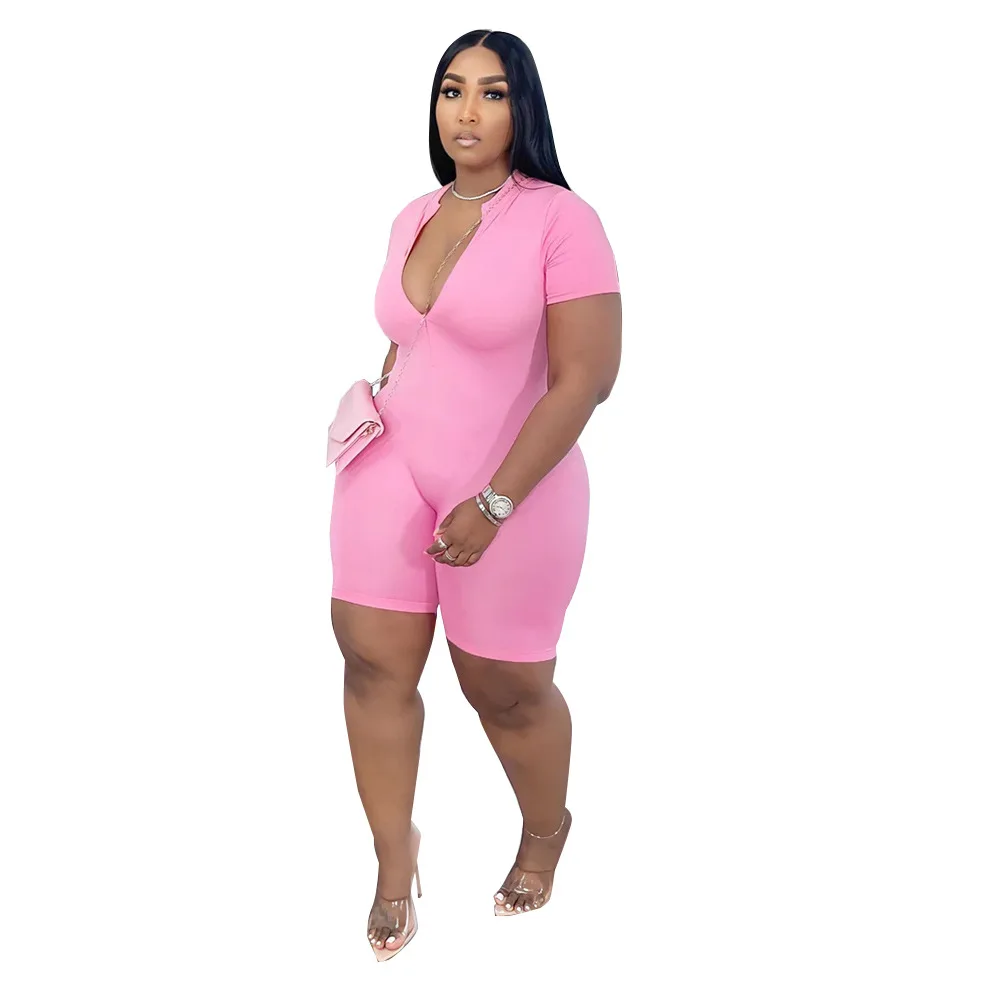 Summer Plus Size Ladies Solid Color Zipper Jumpsuits Sports Bodycon Bodysuit Short Sleeves V Neck High Stretchy Women Rompers