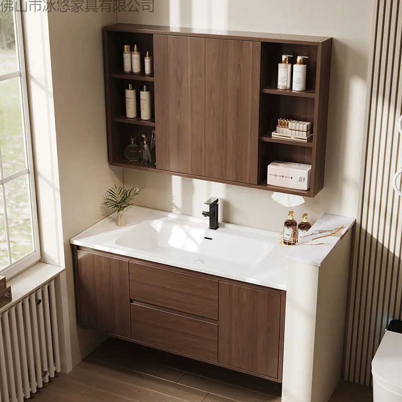 Walnut wood feng shui mirror bathroom cabinet ceramic integrated basin can be customized