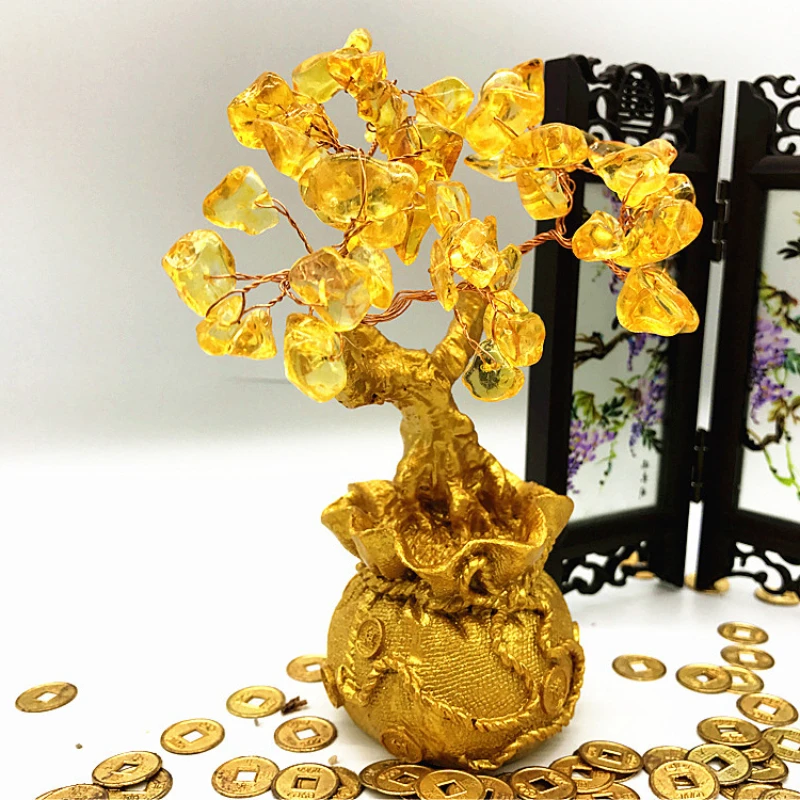 Feng Shui Citrine Money Tree Lucky Tree Resin Topaz Fortune Cash Wealth Luck Tree Treasure Handicraft Home Wine Cabinet Decor