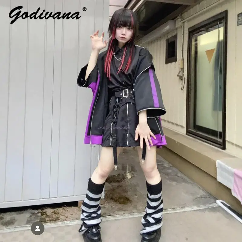 Japanese Mines Gothic Igh Street Back Wing Chain Removable Sleeve Zipper Jacket 2024 New Autumn Women's Loose Hoodie Coat